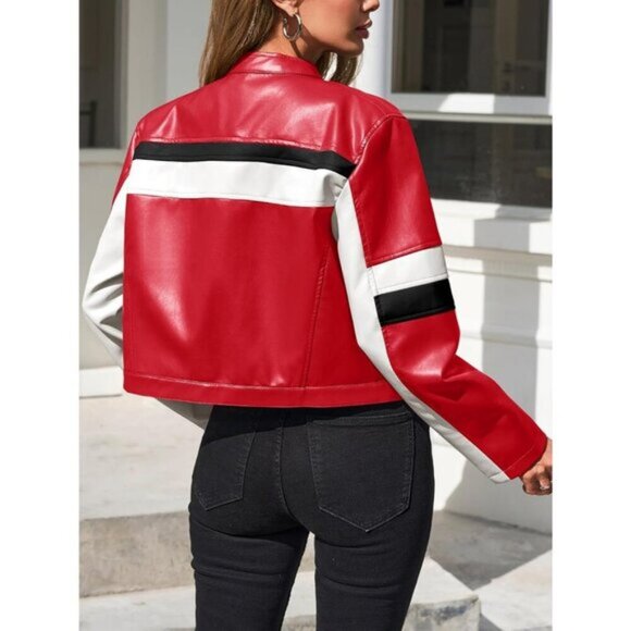 ⭐ Tankaneo Women's Cropped Faux Leather Moto Jacket Color Block Racing Coat - Picture 4 of 5